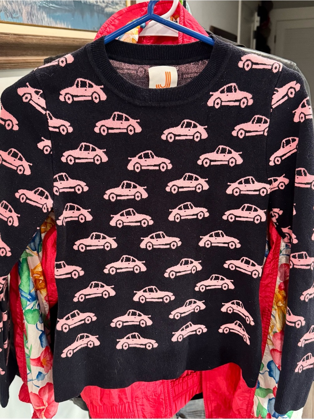 JoosTricot Navy Crewneck Sweater with Pink Porche 911 Print